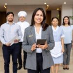 Professional household staff team standing together in a luxury setting.
