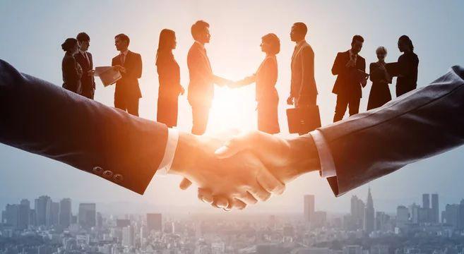 Business professionals shaking hands during a corporate meeting.