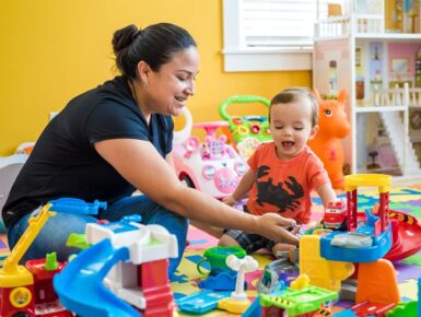 Professional nanny engaging a toddler in educational play activities at home.