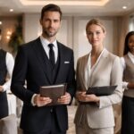 Professional hospitality staff standing in a luxury hotel or restaurant, showcasing premium staffing and guest service excellence.