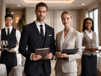 Professional hospitality staff standing in a luxury hotel or restaurant, showcasing premium staffing and guest service excellence.