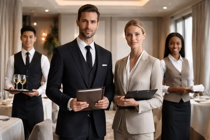 Professional hospitality staff standing in a luxury hotel or restaurant, showcasing premium staffing and guest service excellence.