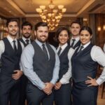 Professional hospitality staff team standing together in a luxury restaurant, showcasing excellent customer service and teamwork.