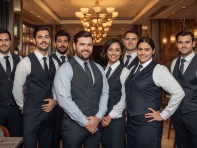 Professional hospitality staff team standing together in a luxury restaurant, showcasing excellent customer service and teamwork.