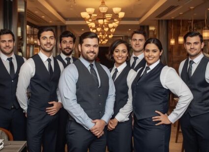 Professional hospitality staff team standing together in a luxury restaurant, showcasing excellent customer service and teamwork.