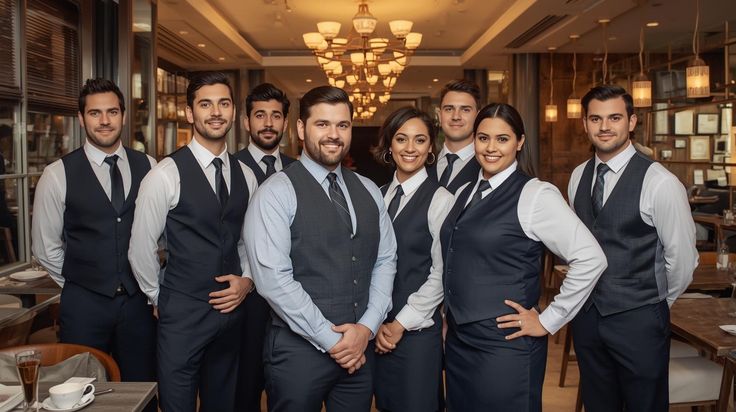 Professional hospitality staff team standing together in a luxury restaurant, showcasing excellent customer service and teamwork.