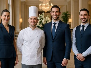 Professional hospitality and household staffing team including a chef and service professionals in a luxury setting.