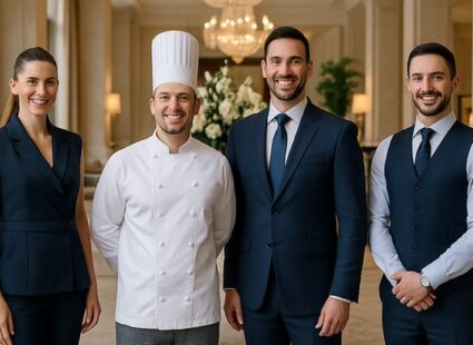 Professional hospitality and household staffing team including a chef and service professionals in a luxury setting.