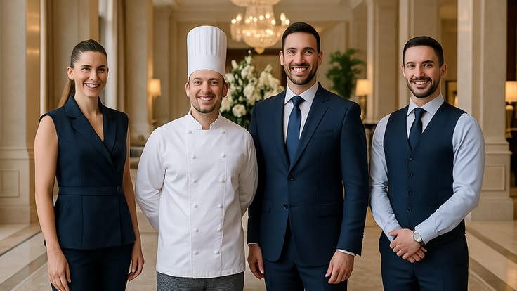 Professional hospitality and household staffing team including a chef and service professionals in a luxury setting.