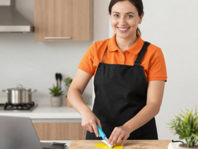 Smiling woman in an orange polo and black apron slices a yellow item on a wooden cutting board in a bright kitchen.