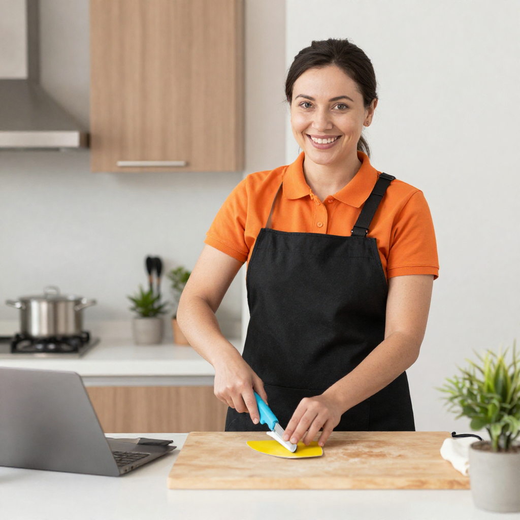 Smiling woman in an orange polo and black apron slices a yellow item on a wooden cutting board in a bright kitchen.